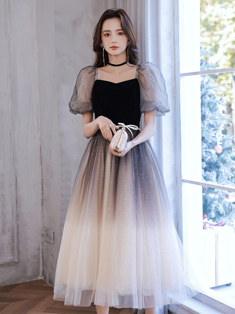 晚礼服裙女宴会气质艺考黑色小众洋气法式显瘦主持人学生连衣裙