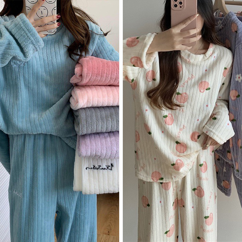 2023 Autumn and Winter New Coral Fleece Flannel Warm Home Wear Cute Pajamas Fashion Loose Two-Piece Suit Women