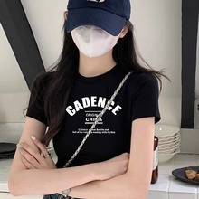 字母短袖T恤女2024夏季新款黑色欧货修身短款打底衫上衣