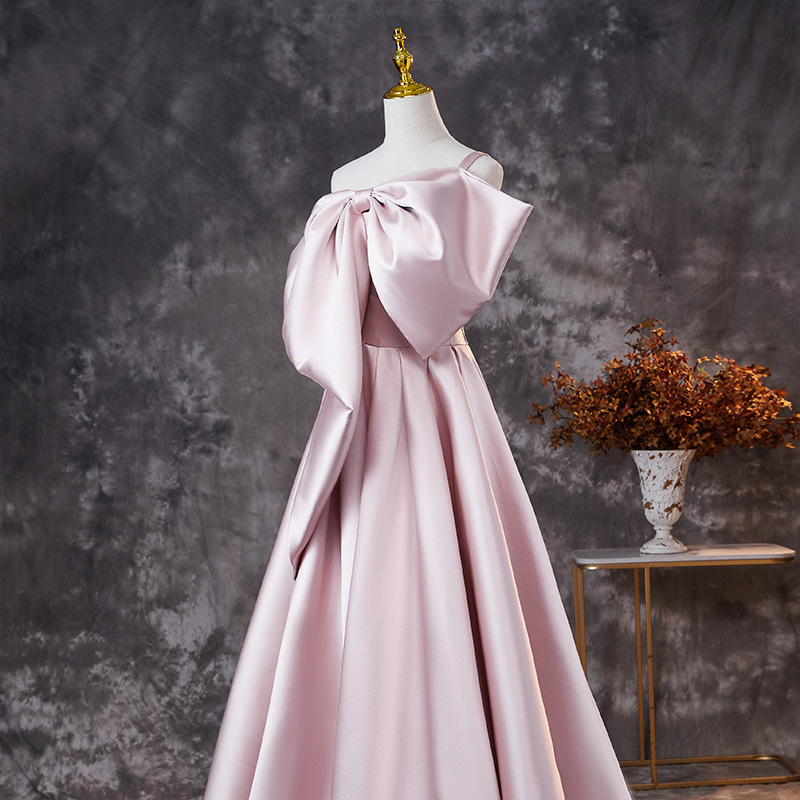 宴会晚礼服裙2021新款名媛粉色优雅一字肩长款晚礼服姐妹团礼服裙