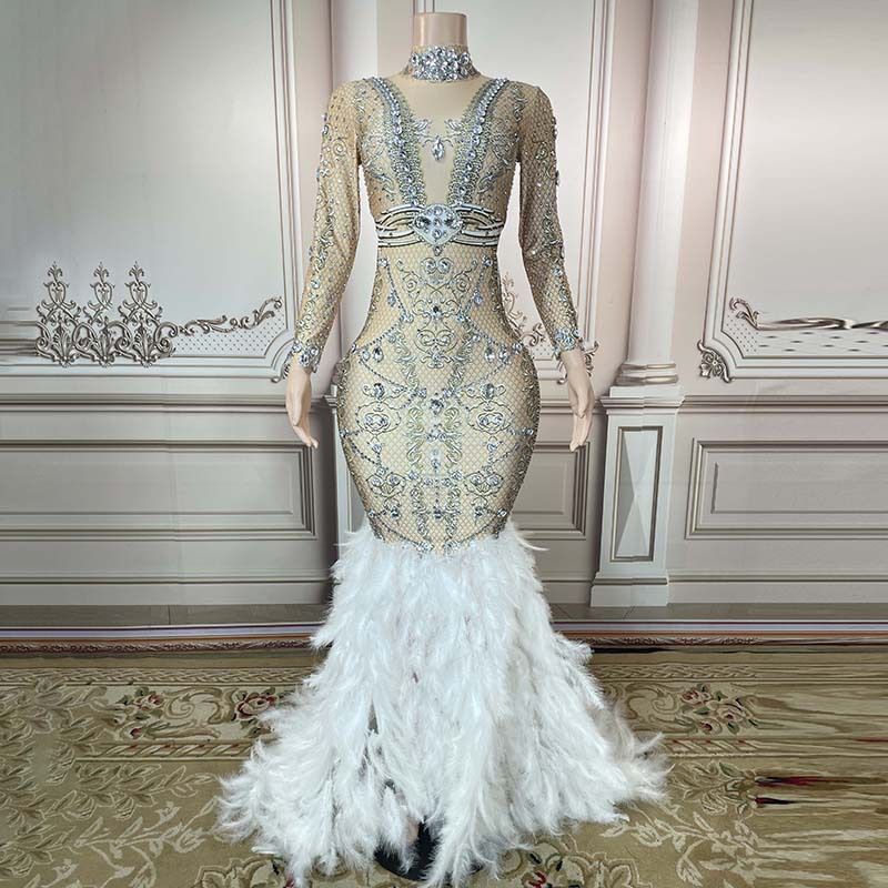 novance高领钻石水晶优雅晚礼服女装派对舞会礼服带羽毛下摆-阿里巴巴