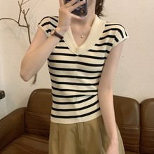 短袖T恤女夏季新款韩版设计感小众翻领条纹镂空系带辣妹上衣批发
