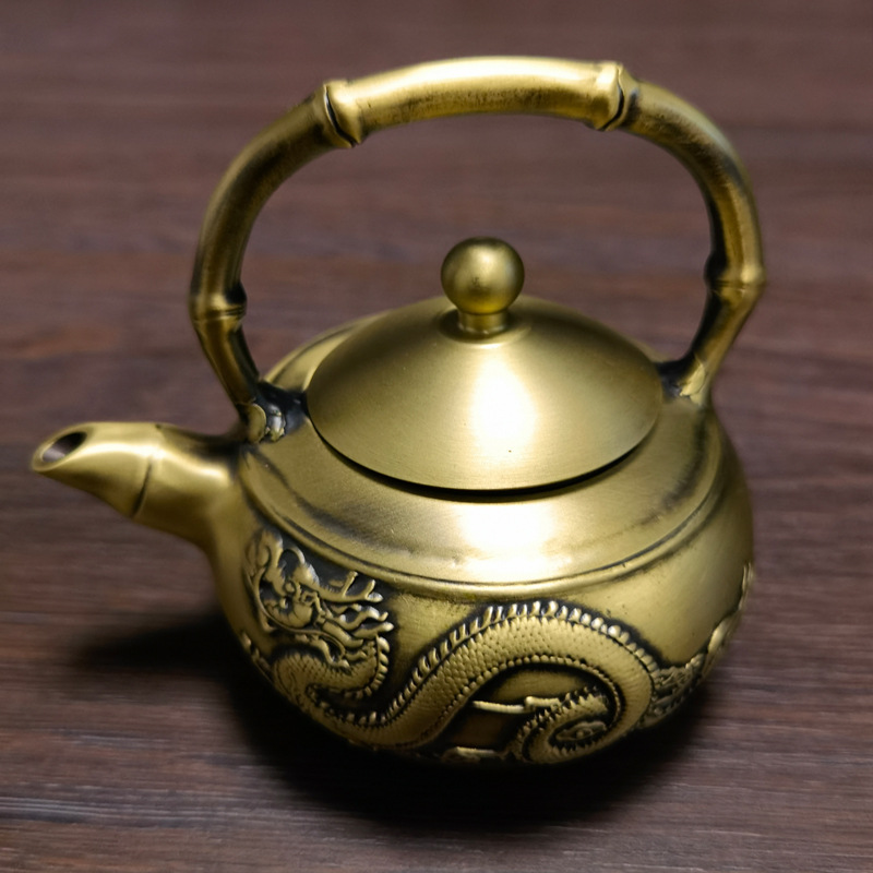 纯铜小茶壶带提手龙凤茶壶纯铜茶壶摆件手把茶壶酒壶金属工艺品