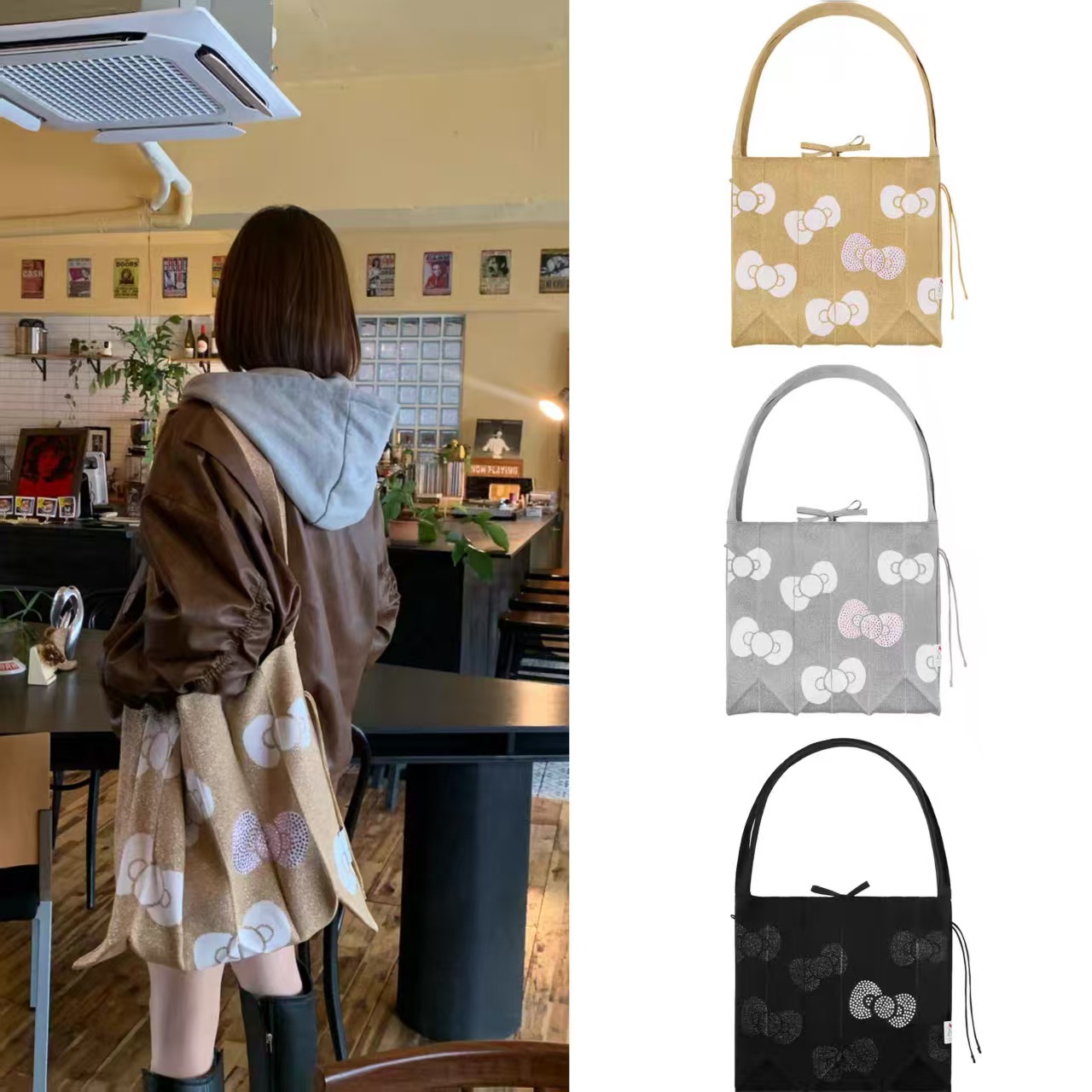 韩国小众 满印蝴蝶结烫钻针织褶皱大号斜挎包风琴包单肩包