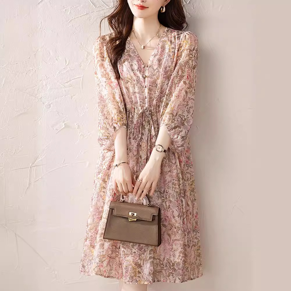 五分袖雪纺连衣裙女夏季a字裙2024年新款女装-阿里巴巴