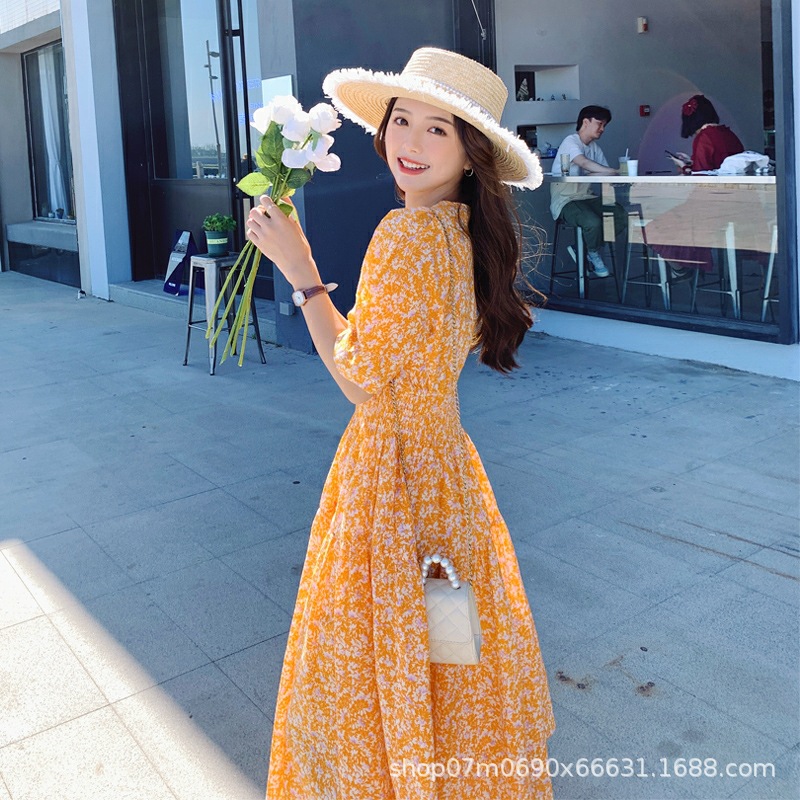 2023 Summer New Korean Style Floral Chiffon Dress Waist Slimming Temperament A- line Short Sleeve Dress Tail Goods Wholesale