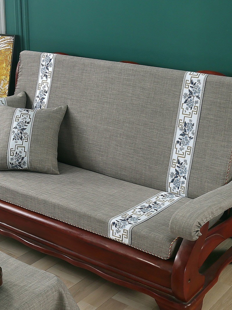 老式木质沙发垫海绵靠背厚亚麻套垫子三人一体实木红木春秋椅坐垫