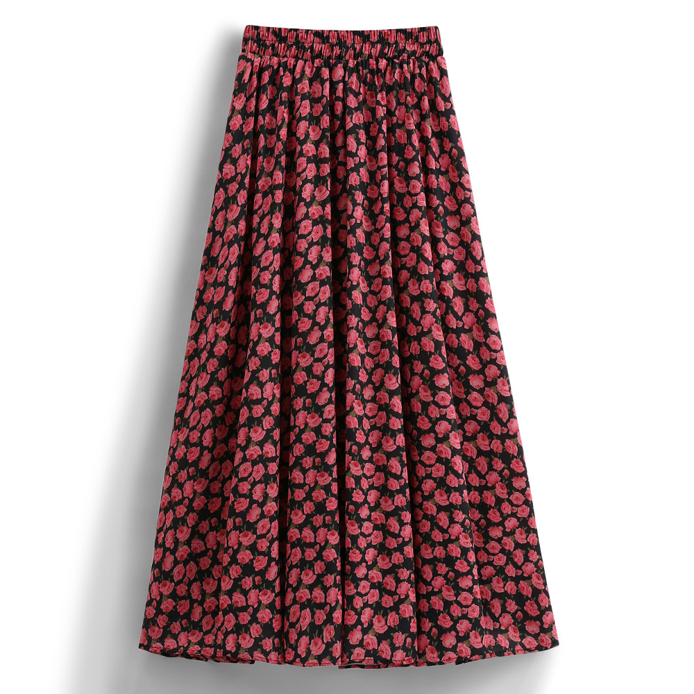 初秋半身裙女高品质印花甜美百搭玫瑰花雪纺半身裙红色裙子长裙子
