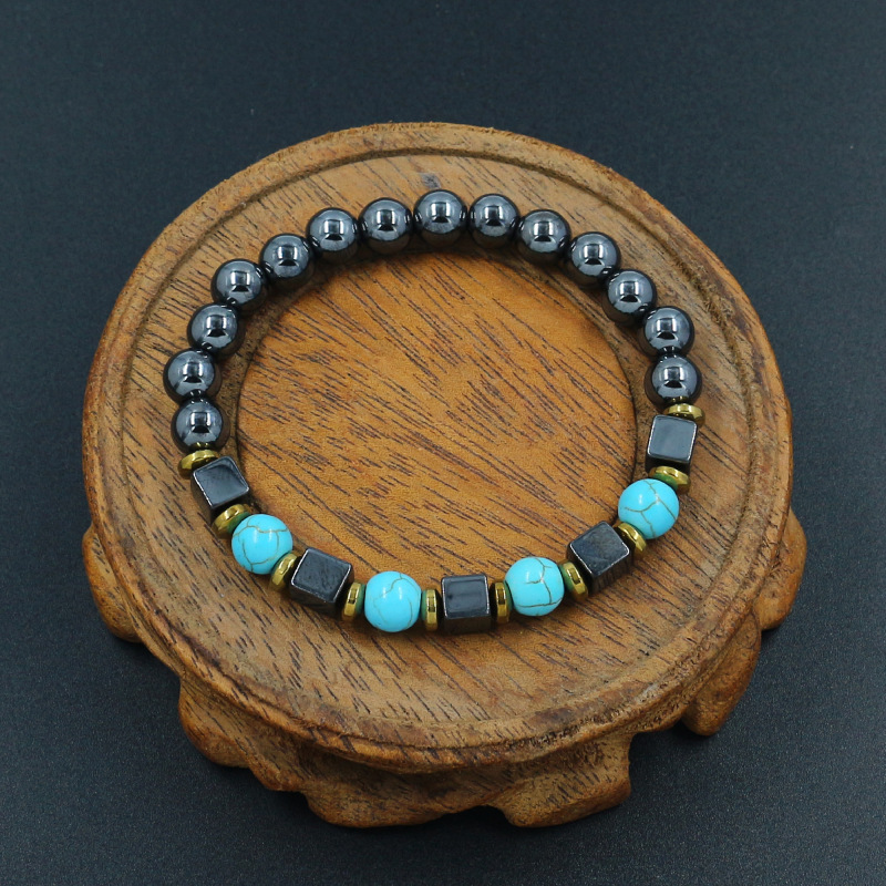 跨境饰品黑胆石手串男士绿松石虎眼石青金石方形磁石串珠手链新品