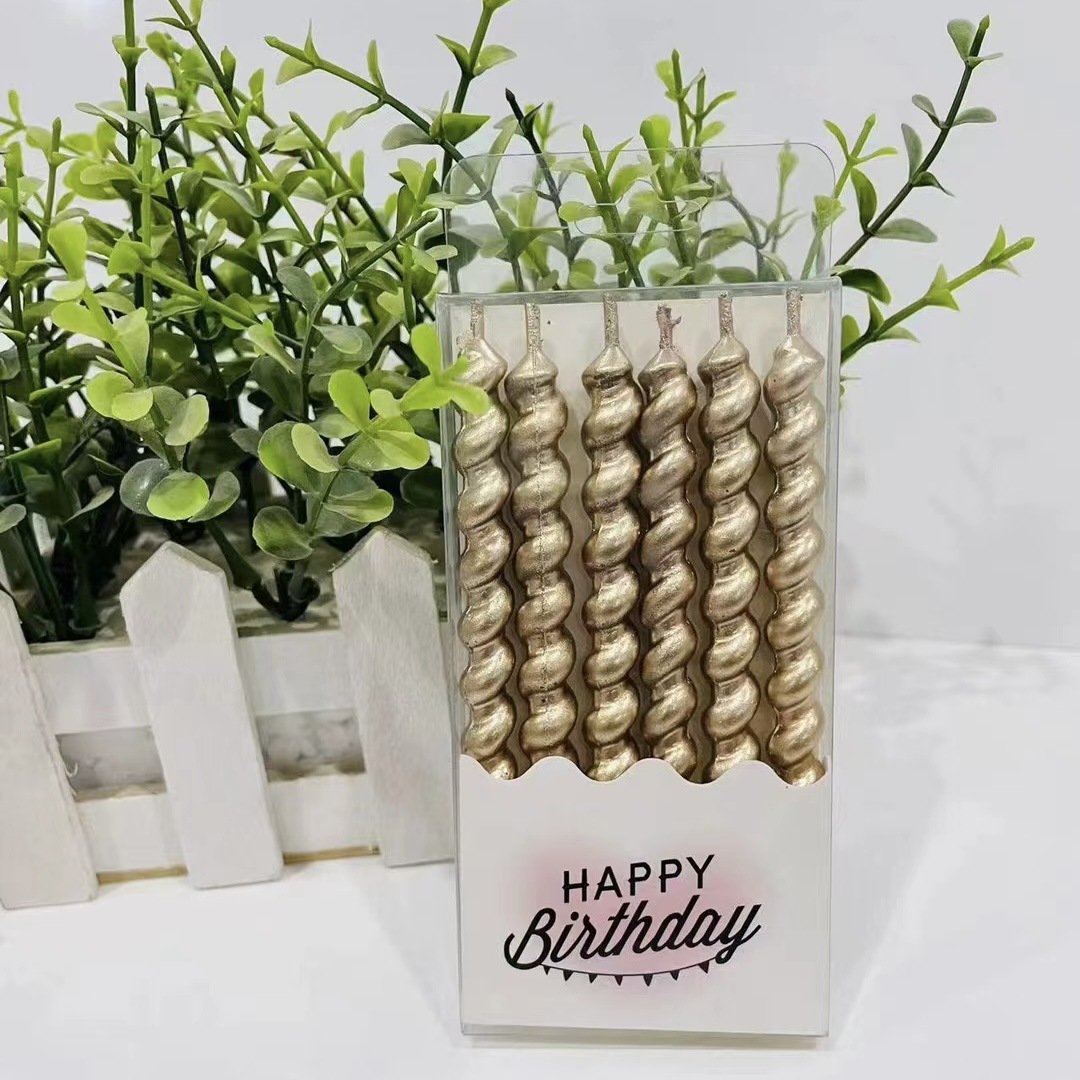 6 Pcs Twisted Thread Birthday Candle Boxed Gold-Plated Spiral Cake Decorative Candle Party Birthday Atmosphere Candle