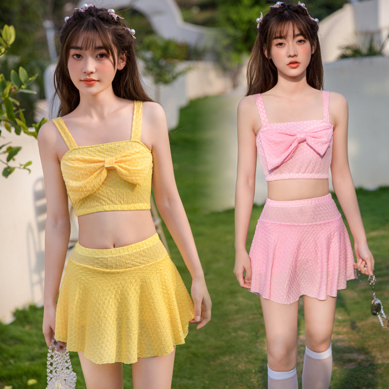 2024新款泳衣12-16岁少女可爱分体蝴蝶结泳衣女夏比基尼泳装两件