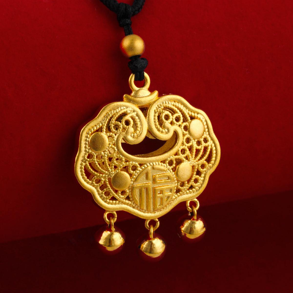 高品质沙金镂空福字平安锁项链成人小孩铜镀金富贵长命锁黑绳项链