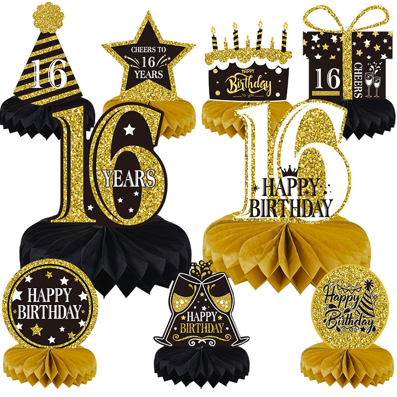 Black Gold 16-Year-Old Birthday Theme Honeycomb Ball Decoration Desktop Central Decoration Birthday Party Honeycomb Table Decoration