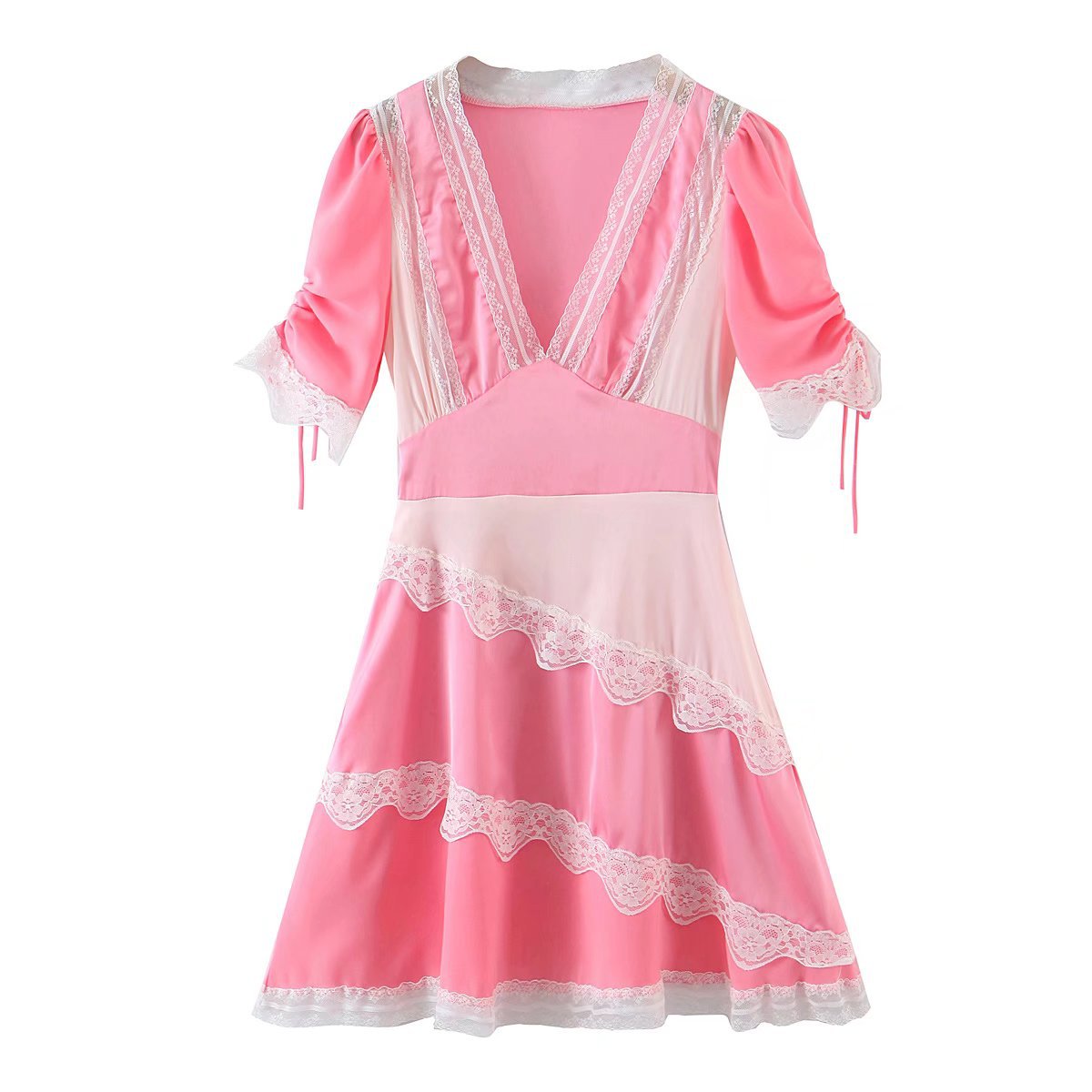 春季新款欧美女装花边拼接v领袖子系带粉色公主连衣裙s144456
