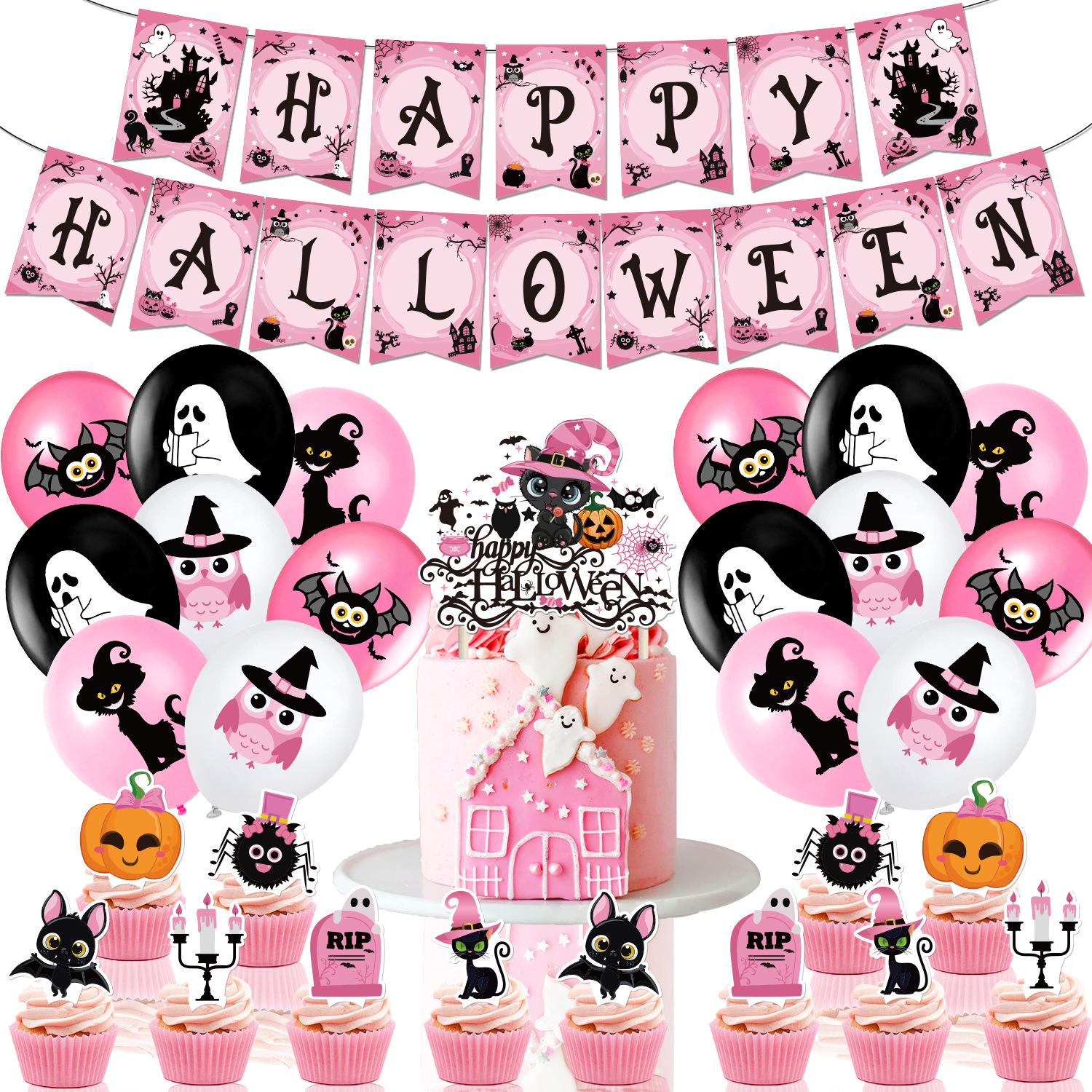 Pink Halloween Ghost Black Bat and Cat Cute Cartoon Theme Decorations Arrangement Rubber Balloons Suit