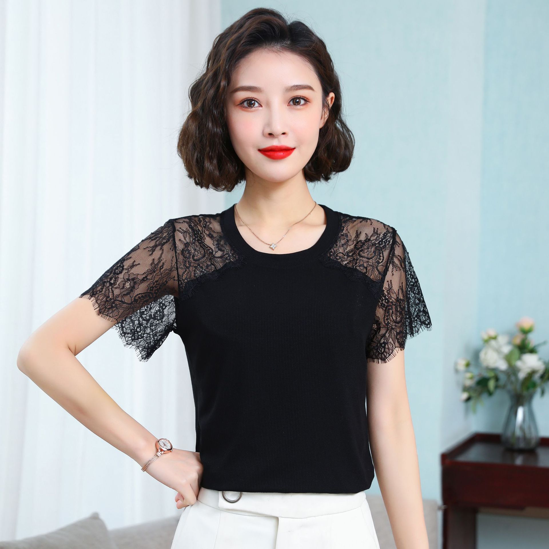 春夏新款睫毛花边短袖气质圆领女上衣半袖蕾丝t恤刺绣洋气短袖女