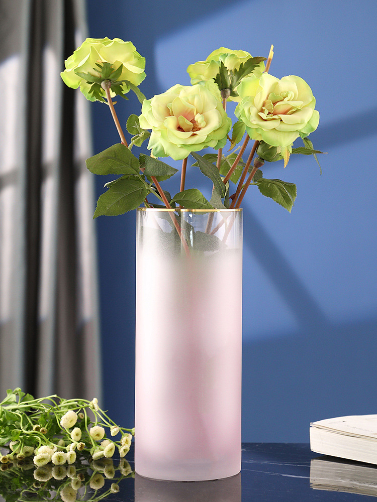 北欧轻奢描金花瓶渐变磨砂玻璃花瓶摆件客厅水培百合玫瑰花插花瓶