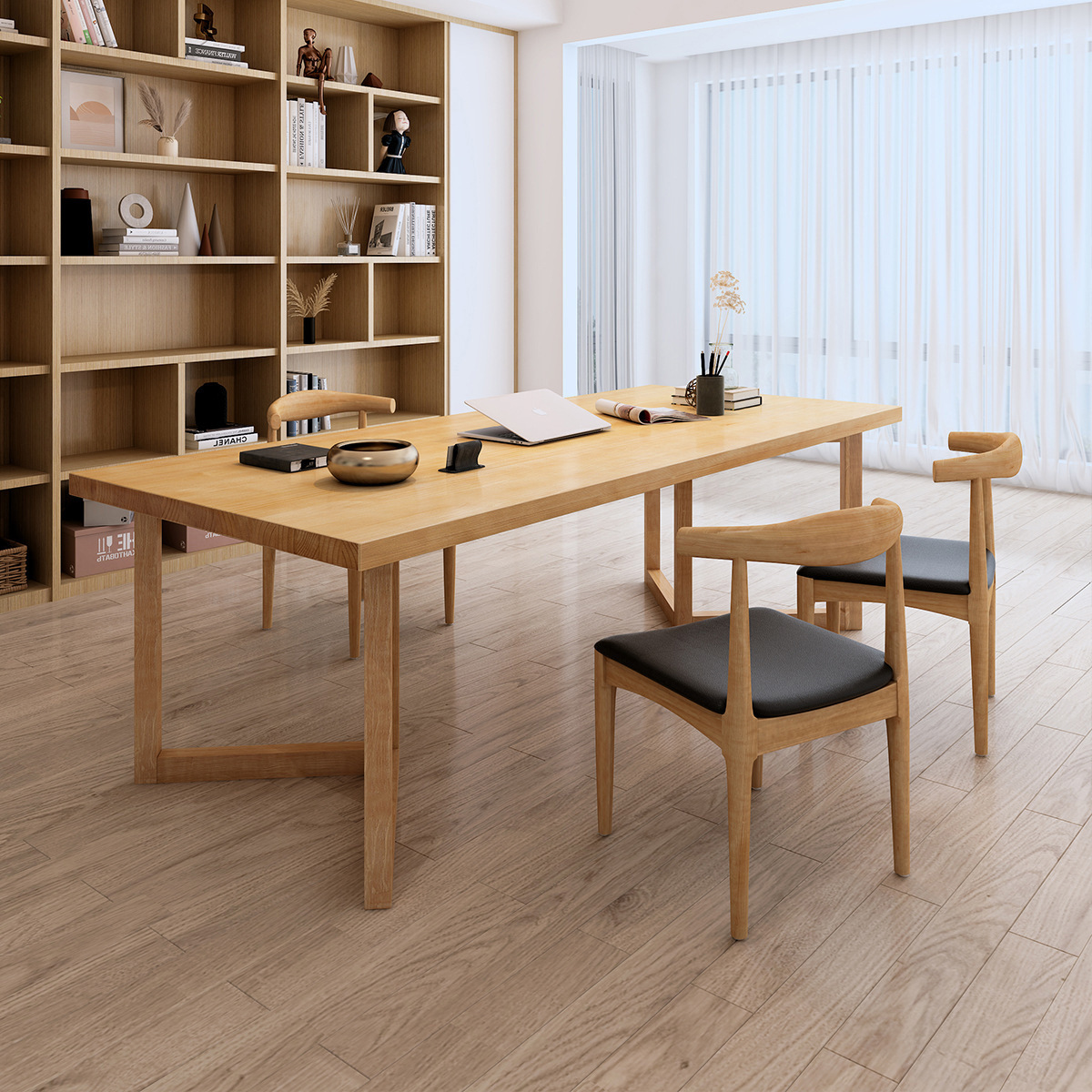 简约全实木书房书桌家用学习桌长方形长条电脑工作桌原木工作台