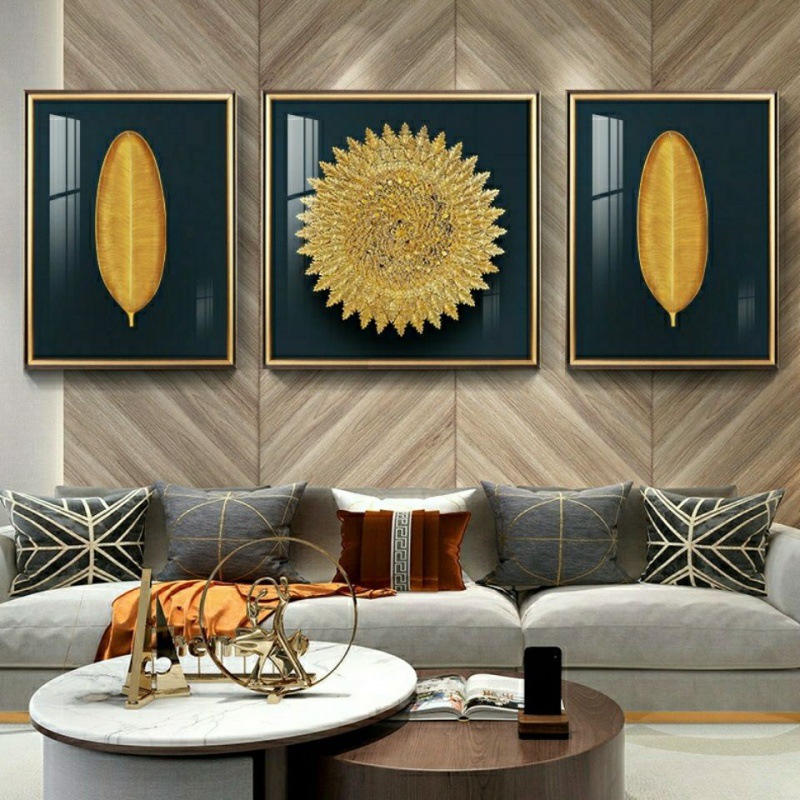 实物画客厅装饰画客厅三联画沙发背景墙挂画大叶大中式现代轻奢