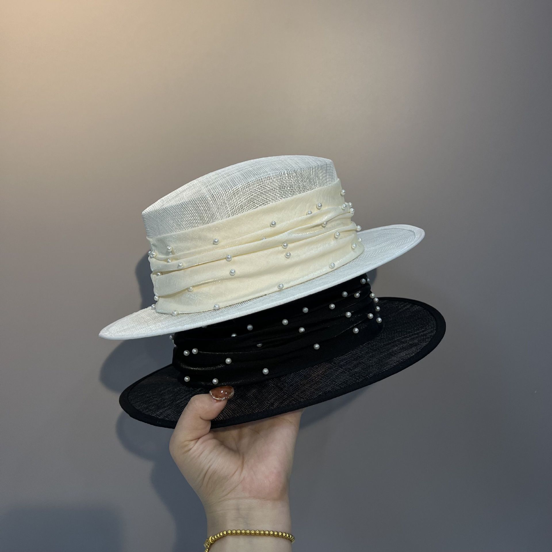 珍珠绑带平顶礼帽法式优雅时髦草帽夏季海边度假休闲遮阳帽子潮帽