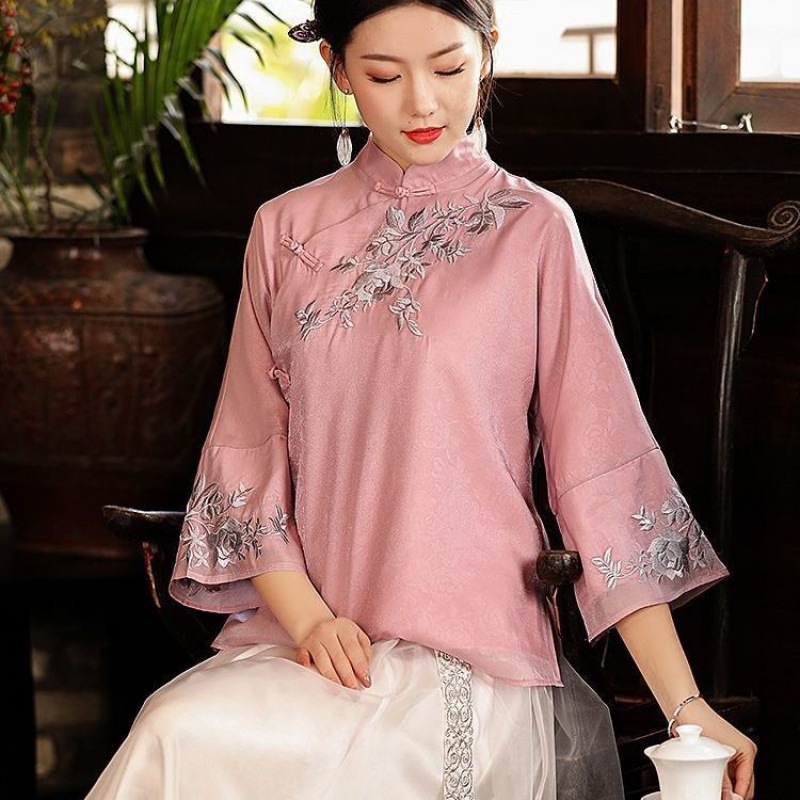 唐装中国风女装夏季复古刺绣中式盘扣年轻款汉服茶服改良旗袍上衣