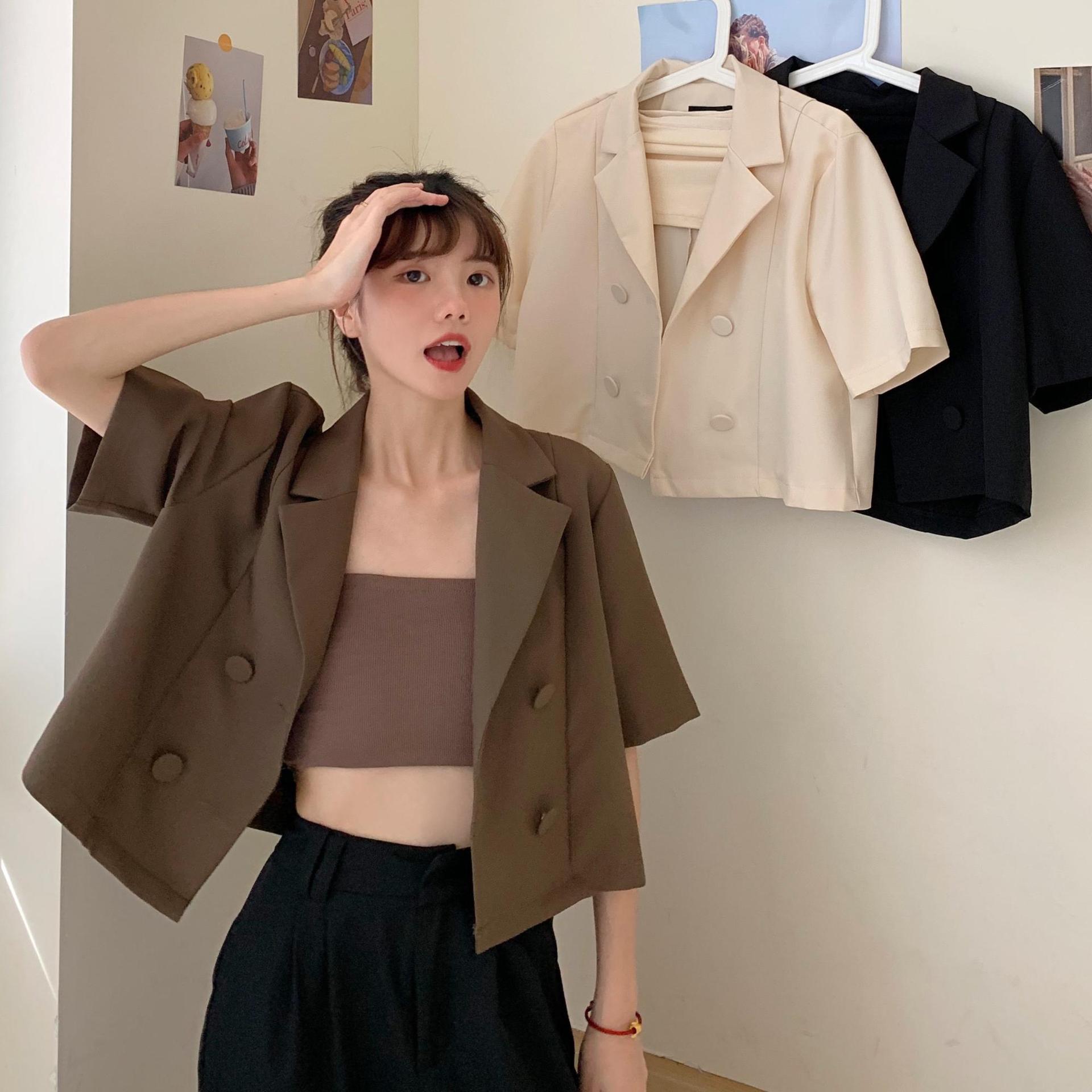 网红宽松小个子薄款西装外套女夏高腰时尚短袖小西装洋气短款衬衫
