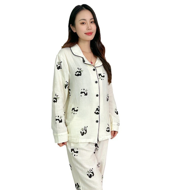 Shopee Spring and Summer Cotton Pajamas Set for Women Thin Long-Sleeved Trousers Lapel Homewear Comfortable Skin Sticking