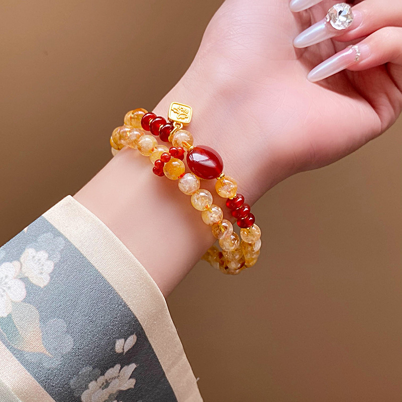 Real Gold Electroplated New Chinese Style Hair Crystal Square Plate Double Circle Beaded Bracelet Fashion Trendy Bracelet Light Luxury Bracelet Wholesale for Women