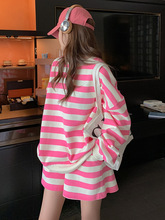 纹粉色套装女2024春夏韩版宽松时尚圆领短款休闲炸街卫衣两件套恺