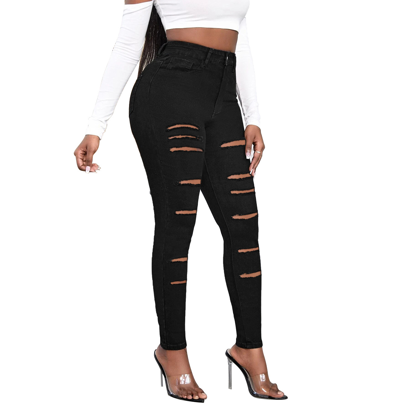 Wish Amazon EBay Cross-Border Women's Pants Ripped European and American Ripped Tight Sexy Skinny Pants Jeans Women