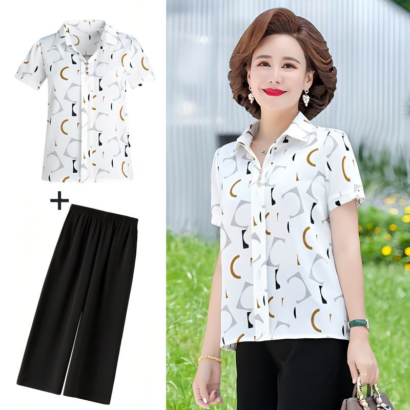 妈妈夏装套装雪纺中年妇女短袖t恤女夏中老年宽松衣服单件/套装