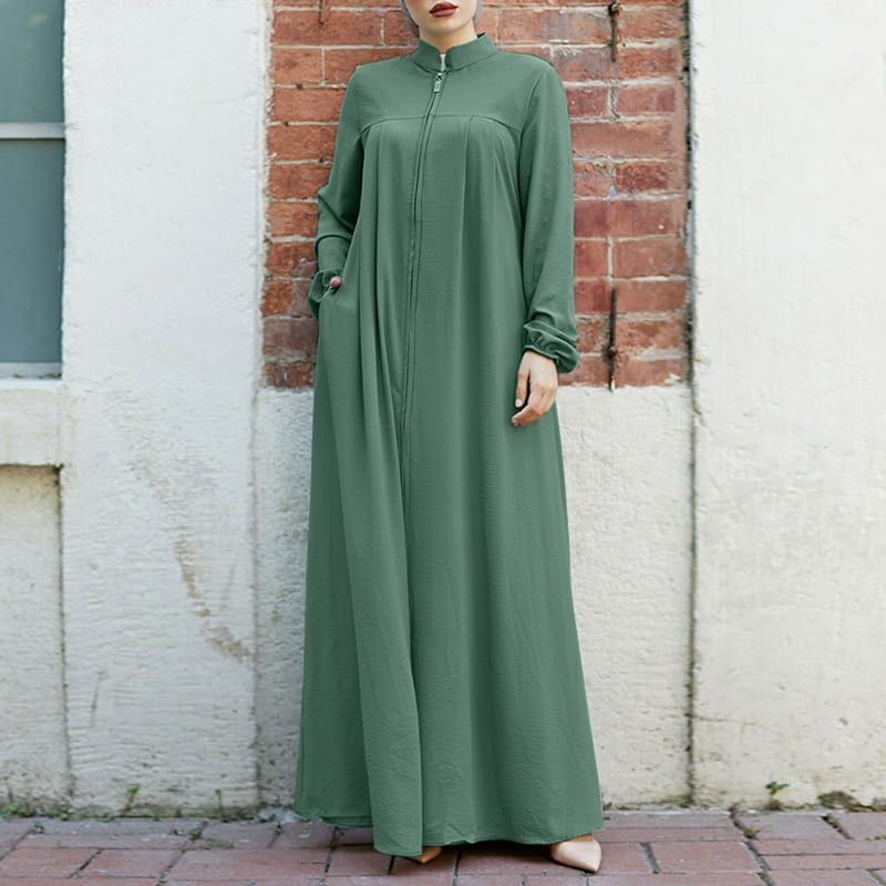 H502 New Muslim Women's Clothing Style Arabic Style Stand Collar Zipper Pocket Elegant Loose Casual Dress