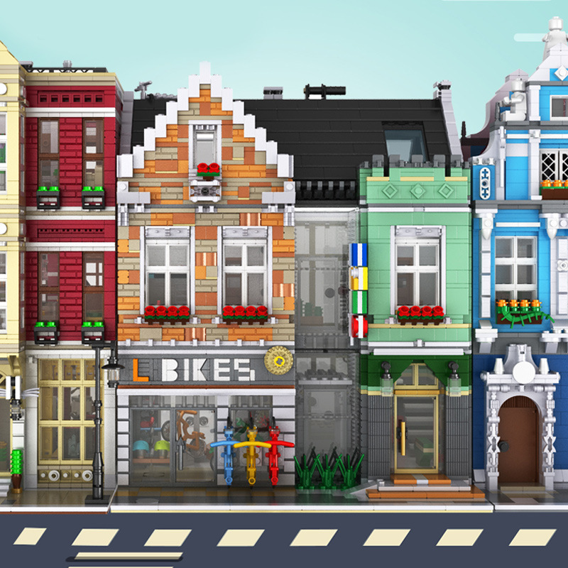 雷尔乐高城市街景系列灯光版城市单车店小颗粒益智拼装插积木玩具