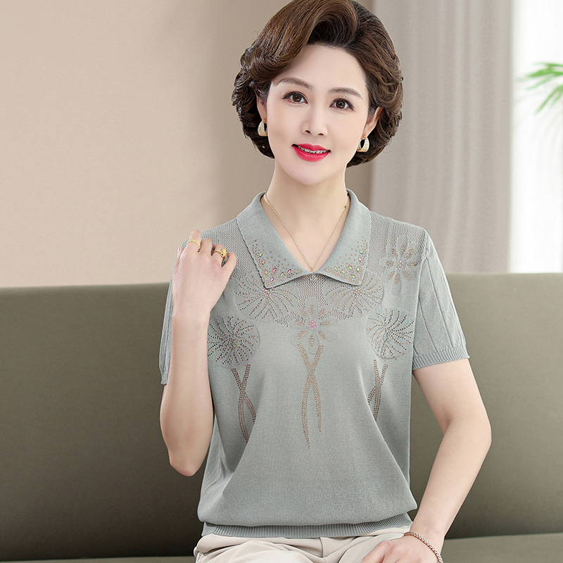 Short-Sleeved Mom's New Ice Silk Sweater Thin Top Women's Western-Style Bottoming Shirt Middle-Aged and Elderly Summer T-shirt