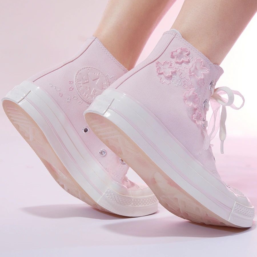 23春季新款1970s樱花刺绣帆布鞋高帮女低帮水晶底板鞋粉白a06221c