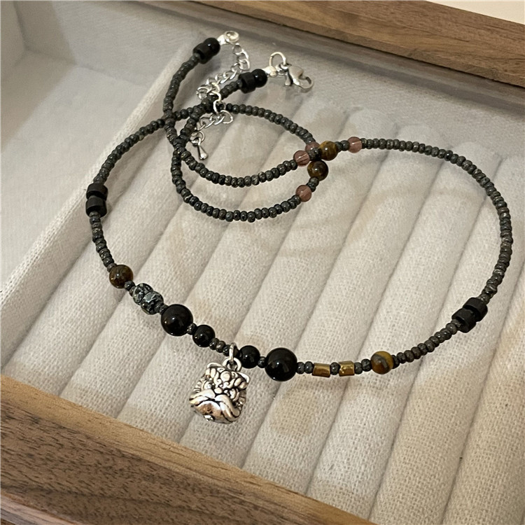 Coffee Color Series Bead Natural Stone Beaded Necklace Design Artistic Retro New Chinese Old Silver Pendant Clavicle