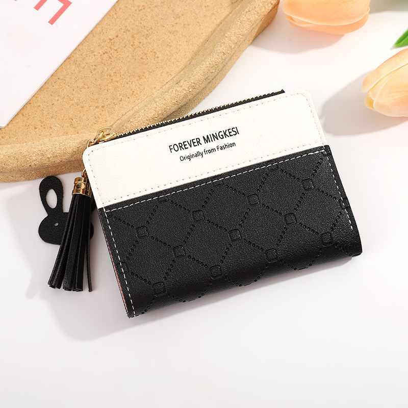 New Small Wallet Women's Short Zipper Wallet Student Korean Style Embossed Contrast Color Tassel Wild Coin Purse Card Holder