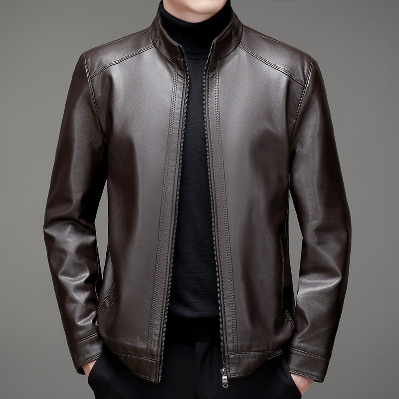 Haining Leather Coat Men's Slim-Fit Dress for the Middle-Aged Short Leather Jacket Men's Business Casual plus Size Fleece Leather Leather Coat