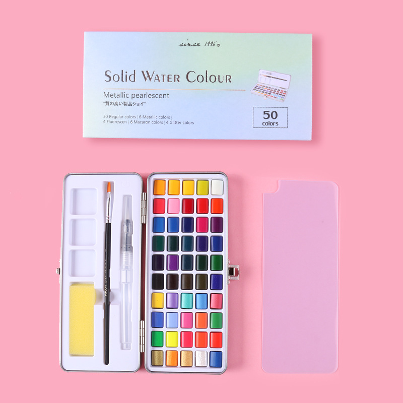 Cross-Border New Arrival Iron Box Packaging Solid Watercolor Paint Set 100 Colors Pearlescent Watercolor Watercolor Paints