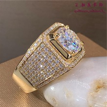 锦得惠豪华群镶男戒黄金色莫桑石戒指宽版男士钻戒白金款