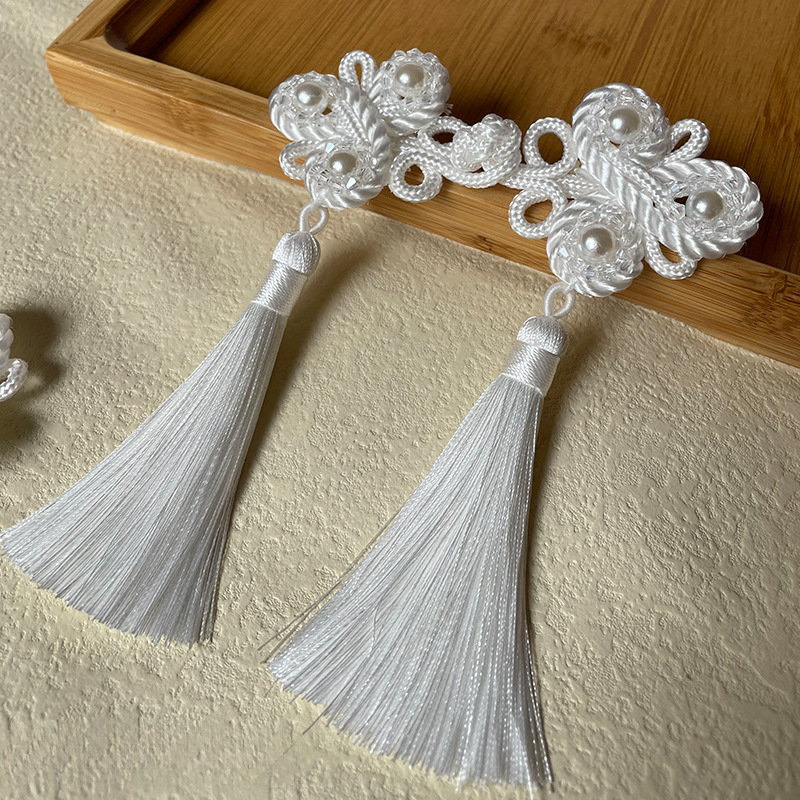 盘扣中国风旗袍扣子手工钉珠长尾流苏复古纽扣珍珠水晶装饰扣辅料