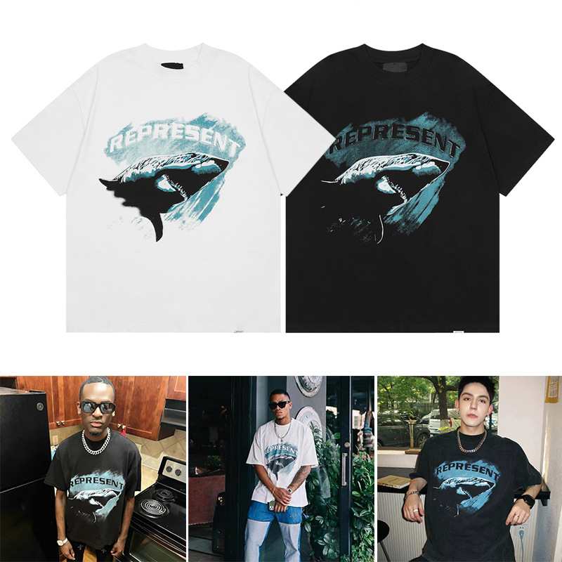represent大白鲨shark印花高街复古做旧vintage男女宽松短袖t恤潮