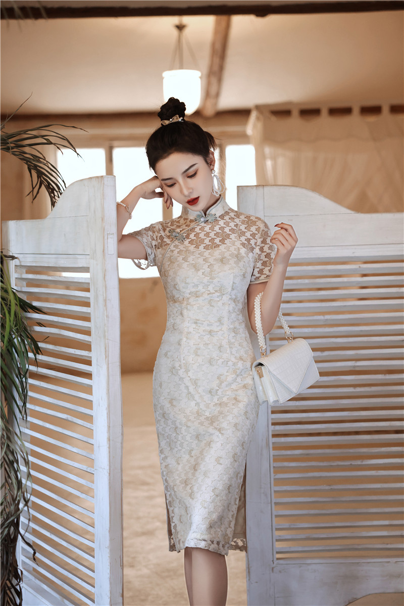 苏锦唐春夏新款女装双层雪尼尔蕾丝旗袍改良版少女镂空走秀旗袍裙