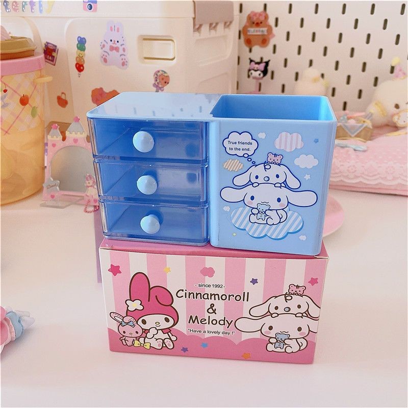 Soft Girl Cute Big Ear Dog Clow M Melody Desktop Pen Container Drawer Finishing Box Mini Student Jewelry Cabinet