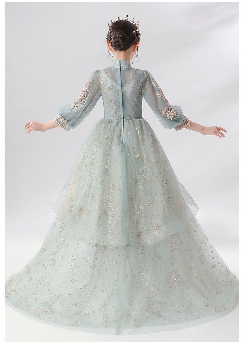 儿童晚礼服花童公主裙女童蓬蓬纱超长婚纱拖尾高端钢琴演出服走秀