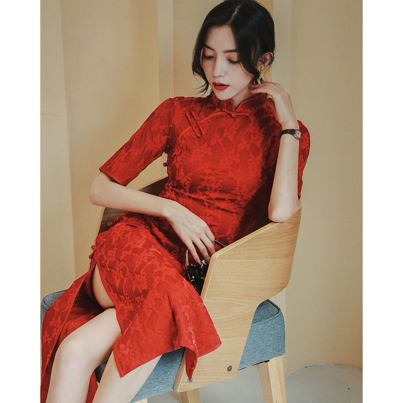 2023 new lace improved cheongsam dress young girl chinese wedding dress bride toast dress spring and autumn