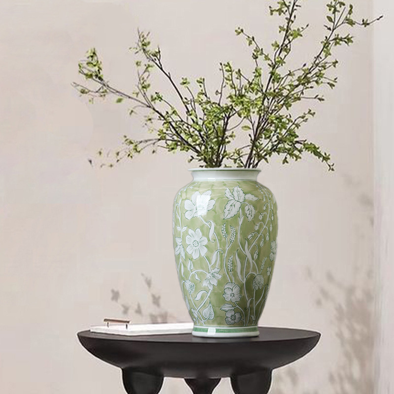 Spring Tender Green Ceramic Vase New Chinese Blue and White Porcelain Vase Porcelain Hallway Floor Ornaments Living Room Decorations