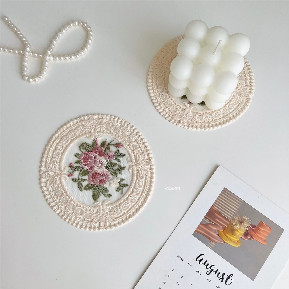 ins风复古蕾丝杯垫隔热餐垫小花刺绣桌布餐桌装饰垫圆