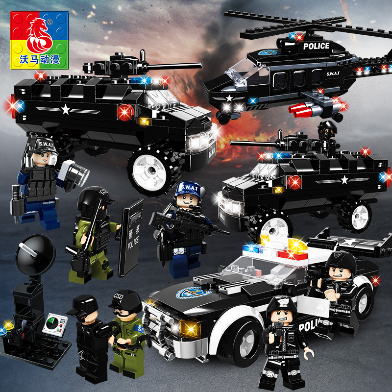 沃马积木警察系列特警变形汽车直升机装甲车合体男孩拼装积木玩具