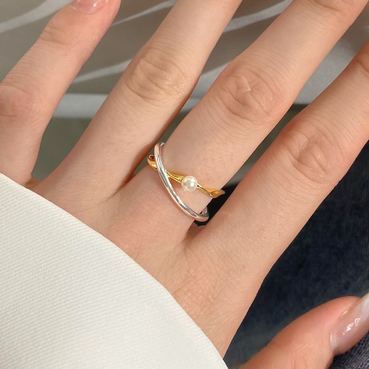 日韩欧美s925纯银戒指ins风珍珠镶嵌气质简约时尚设计小众开口戒